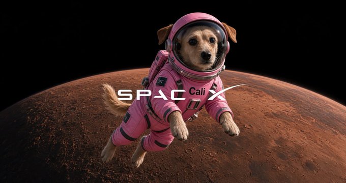 A dog named Cali wears a pink SpaceX astronaut suit, floating in space above the planet Mars.
