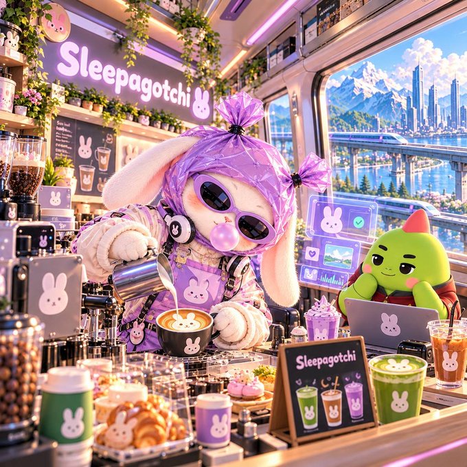 Anime-style illustration of a rabbit character in purple clothing pouring latte art in a 'Sleepagotchi' themed café, with a green character working on a laptop nearby and city views through the window.