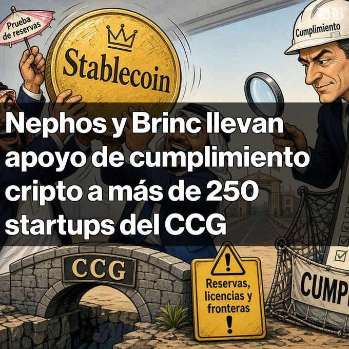 An illustrated graphic about stablecoins with Spanish text reading 'Nephos y Brinc llevan apoyo de cumplimiento cripto a más de 250 startups del CCG', showing a stablecoin coin, a 'Cumplimiento' inspector figure, and a bridge marked 'CCG'.