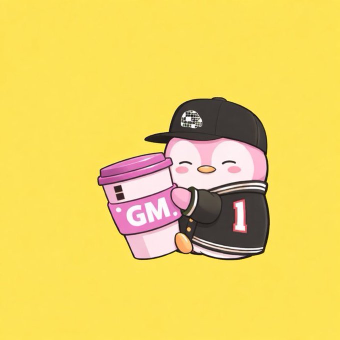 A digital illustration of a cute pink penguin character wearing a black baseball cap and jacket with the number 1, holding a coffee cup labeled 'GM.' against a yellow background.