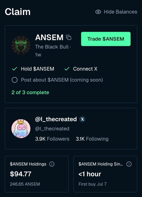 The image shows a "Claim" interface for the $ANSEM token, featuring "The Black Bull" account (ANSEM) with a "Trade $ANSEM" button, displaying that the user "@l_thecreated" has completed 2 of 3 tasks (Holding $ANSEM and Connecting X) and holds $94.77 worth of ANSEM tokens. This aligns with the post announcing the user becoming an official $ANSEM creator and aiming for a $1 billion market cap through "bullposting."