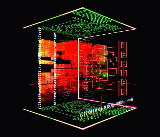 A 3D digital rendering showing a cube composed of layered, wireframe-like patterns in green, red, and blue against a black background.