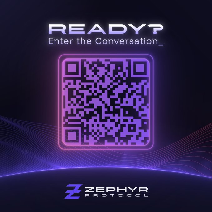 A promotional graphic reading "READY? Enter the Conversation_" featuring a glowing purple QR code and the "ZEPHYR PROTOCOL" logo at the bottom.