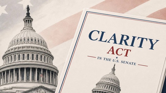 A graphic showing the U.S. Capitol dome against an American flag background with a document titled "CLARITY ACT IN THE U.S. SENATE" overlaid on the right.