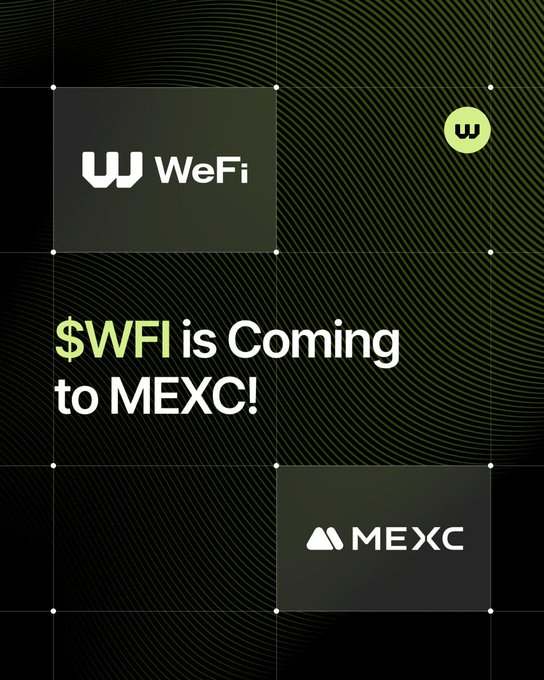 The image announces the listing of $WFI (WeFi) token on MEXC exchange, featuring a promotional graphic with the WeFi logo, "$WFI is Coming to MEXC!" text, and both exchange logos on a dark green wavy background. The caption mocks MEXC as a "scam-friendly CEX with no standards" for listing such a token, using the "ｗ" emoticon from the image to express amusement at the exchange's lack of listing criteria.