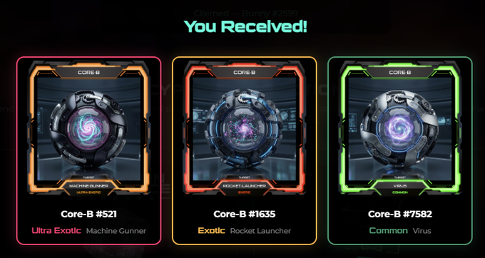 A digital game reward screen titled 'You Received!' displaying three 'Core-B' items labeled 'Ultra Exotic' (#521 Machine Gunner), 'Exotic' (#1635 Rocket Launcher), and 'Common' (#7582 Virus).