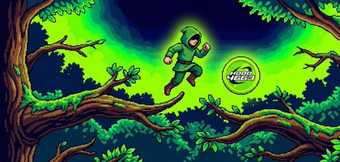 A pixel-art character in a green hooded outfit leaps across tree branches through a glowing green aurora, reaching toward a glowing orb displaying the "$HOOD" ticker. The Robinhood-themed hooded figure symbolizes early, stealthy accumulation, mirroring the post's message about catching the low-cap $HOOD token on Robinhood Chain before broader awareness.