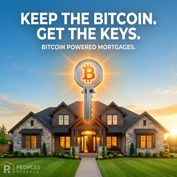A large stone home is shown with a glowing Bitcoin key symbol superimposed over it, promoting "KEEP THE BITCOIN. GET THE KEYS. BITCOIN POWERED MORTGAGES." The image visually reinforces the post's message by merging the iconic Bitcoin symbol with a house and key imagery, symbolizing how holders can leverage their BTC as collateral to obtain real estate financing without selling their bitcoin.