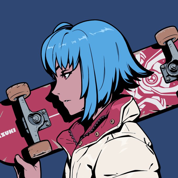 An anime-style illustration of a blue-haired character in a red and white jacket carrying a skateboard with a pink rose design, with 'SUZUKI' text visible on the board.