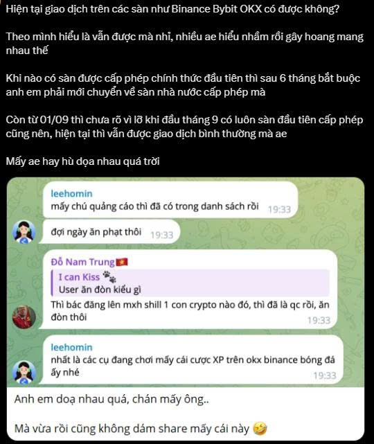 A Vietnamese Telegram chat discussion about cryptocurrency exchanges Binance, Bybit, and OKX being banned or regulated, with users debating the situation and sharing warnings about advertising restrictions.