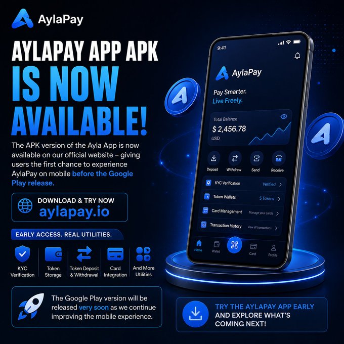 This promotional graphic announces that the AylaPay App APK is now available for early download at aylapay.io ahead of its Google Play release, showing a smartphone mockup of the app's interface featuring a total balance of $2,456.78 USD and key features like KYC Verification, Token Wallets, Card Management, and Transaction History. The image aligns with the post by visually reinforcing the message that Ayla Global (@aylaglobal) is offering hands-on product access, with icons highlighting early-access utilities like KYC verification, token storage, deposits/withdrawals, and card integration.