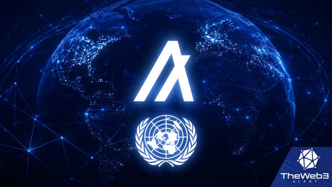 The image features the Algorand ($ALGO) logo and the United Nations emblem superimposed over a digital globe, with "TheWeb3Alert" watermark, symbolizing Algorand's collaboration with global humanitarian organizations at its 3rd annual Humanitarian Payments Council.