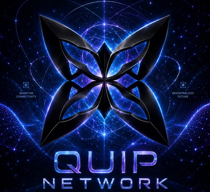 A promotional graphic for 'QUIP NETWORK' featuring a stylized metallic butterfly logo on a blue cosmic background with the phrases 'QUANTUM CONNECTIVITY' and 'DECENTRALIZED FUTURE'.