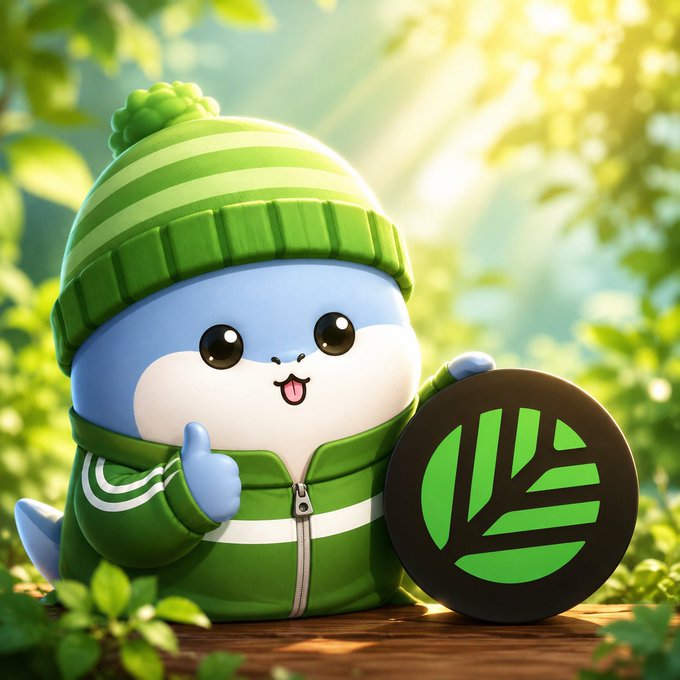 The image features a small, cute blue-faced toy wearing a green jacket with white stripes and holding up a black circle with a green leaf design. The scene takes place outdoors surrounded by trees, suggesting that this could be an advertisement for a company or product related to nature or outdoor activities. The post seems to discuss the potential growth of infrastructure in the crypto space, which might lead to changes in how people interact with and invest in digital assets.