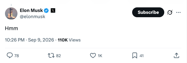 A screenshot from Elon Musk's (@elonmusk) verified X account shows a single-word post reading "Hmm" posted at 10:26 PM on Sep 9, 2026, garnering 110K views, 78 replies, 82 reposts, 1K likes, and 41 bookmarks. The minimalist "Hmm" post aligns with the caption "$HMM looking good here," suggesting Musk is commenting on or hinting at interest in the ticker $HMM.