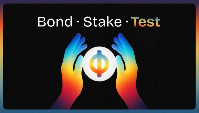 The image features a vibrant graphic with two hands cupping a circular emblem displaying the Olympus DAO logo, beneath the text "Bond · Stake · Test" in colorful gradient lettering. This visually reinforces the post by symbolizing the launch of the DOHM testnet, where users can test the protocol's bonding and staking features to earn points and qualify for rewards.