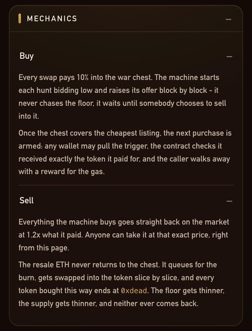 A dark-themed informational panel titled 'MECHANICS' explaining 'Buy' and 'Sell' processes for a crypto project, noting that 'Every swap pays 10% into the war chest' and resale ETH is sent to '0xdead'.