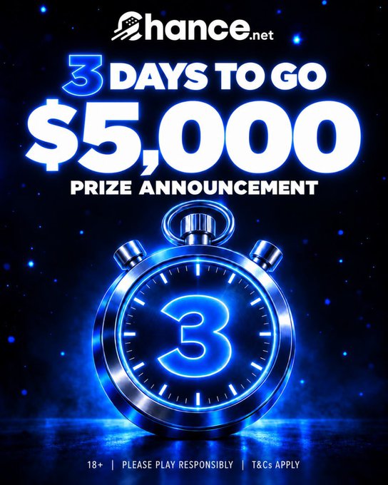 Chance.net promotional graphic announcing a $5,000 prize giveaway with "3 DAYS TO GO," featuring a glowing blue stopwatch against a dark starry background.