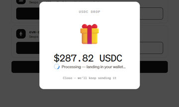 A pop-up displays a "USDC DROP" notification showing "$287.82 USDC" alongside a gift box icon, with a message indicating it is processing and landing in the wallet. The image relates to the post by visually confirming the supposed free USDC airdrop being promoted, reinforcing the narrative of receiving a $287.82 reward.