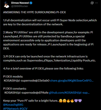 The image shows a tweet from "Dimas Nawawi" (@2808Rocker) titled "ANSWERING THE HYPE SURROUNDING PI-DEX," which outlines four key points clarifying that true decentralization requires Pi Super Node selection, that Pi Utilities like Launchpad are still in development and protected by Sandbox environments, and that Pi DEX can only launch once network infrastructure (Supernodes, dApps, tokenization, liquidity pools) is complete, with links provided to Pi DEX models and constants. This directly relates to the accompanying post about growing Pi community speculation regarding the prerequisites for a decentralized Pi DEX launch.