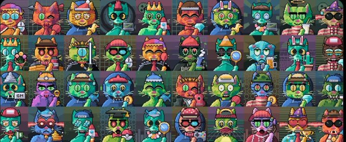 Colorful grid/collage of many cartoon-style crypto NFT characters, appearing to be CryptoPunks or a similar PFP collection with various hats, glasses, and accessories.