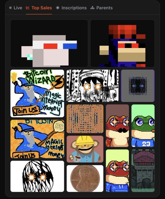 A mobile app screen displaying the 'Top Sales' tab featuring NFT/crypto collectibles, including pixel art items, 'Bitcoin Wizard' illustrations with 'Magic Internet Money' and 'Join Us' text, and various cartoon characters.