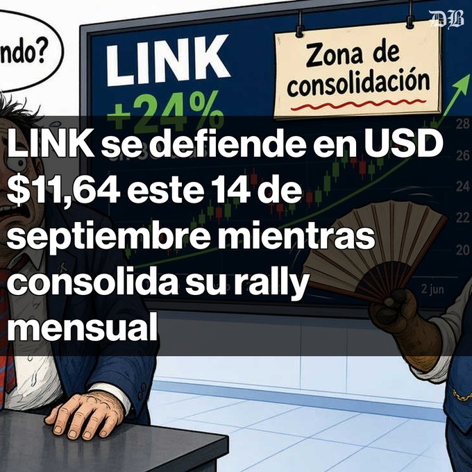 An illustration of a panicked man at a trading desk watching a 'LINK +24%' chart labeled 'Zona de consolidación', overlaid with Spanish text discussing LINK defending at USD $11.64 on September 14.