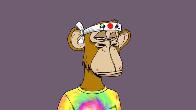 A digital illustration of a Bored Ape-style cartoon monkey wearing a white headband with Japanese characters and a red circle, dressed in a tie-dye shirt against a purple background.