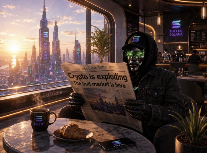 A hooded cyborg with glowing green eyes reads a newspaper at a futuristic café titled 'SOLANA TIMES' with headlines 'Crypto is exploding' and 'The bull market is here,' while Solana-themed branding appears on his mug, phone, and the skyline signage reading 'BUILT ON SOLANA.'