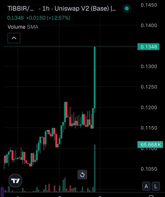 A 1-hour candlestick chart for the TIBBIR token on Uniswap V2 (Base) shows a sharp upward spike to $0.1348, marking a +12.57% gain, accompanied by a notable surge in trading volume to 65.668K. The dramatic price breakout visually reinforces the post's bullish narrative of "big money" accumulating TIBBIR ("frog season") while others sold.