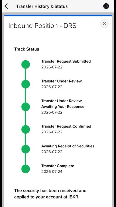 The image shows an IBKR Transfer History & Status screen for an "Inbound Position - DRS" transfer that progressed through all stages—submitted, reviewed, confirmed, and receipt of securities awaited—before completing on 2026-07-24, with confirmation that "The security has been received and applied to your account at IBKR." This visually supports the post's claim that Interactive Brokers users have already completed their $IOND transfers, highlighting IBKR's straightforward transfer process.