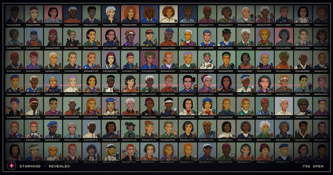 A web interface titled 'STARHOOD - REVEALED' displaying a grid of 792 NFT character avatars with 'Starhood' branding.