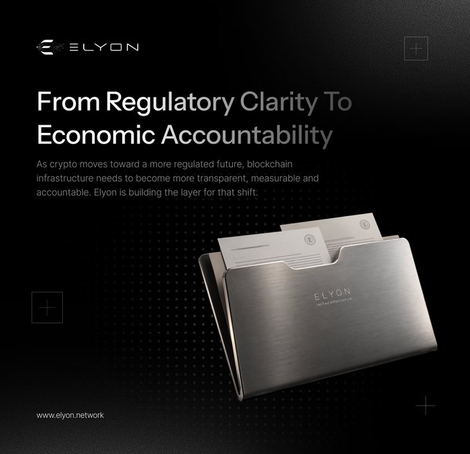 A sleek promotional graphic for Elyon Network (www.elyon.network) featuring a metallic file folder with documents, paired with the headline "From Regulatory Clarity To Economic Accountability." The visual reinforces the post's message that while the U.S. CLARITY Act addresses regulatory rules, blockchain infrastructure still needs an accountability layer—which Elyon aims to provide.