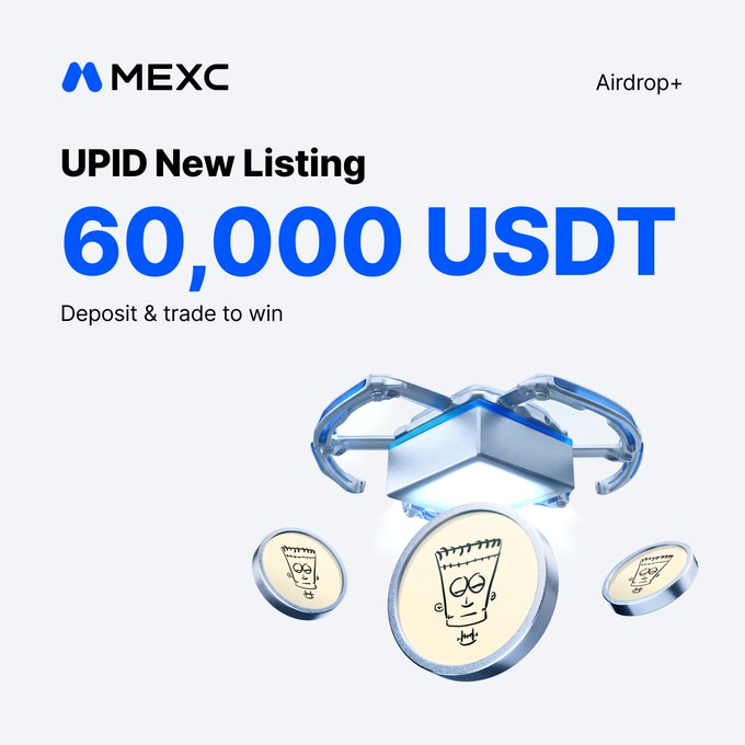 A MEXC Airdrop+ promotional graphic announcing the new $UPID listing, featuring a blue claw machine gripping a $UPID coin, with the text "UPID New Listing 60,000 USDT - Deposit & trade to win" displayed prominently alongside the MEXC logo.