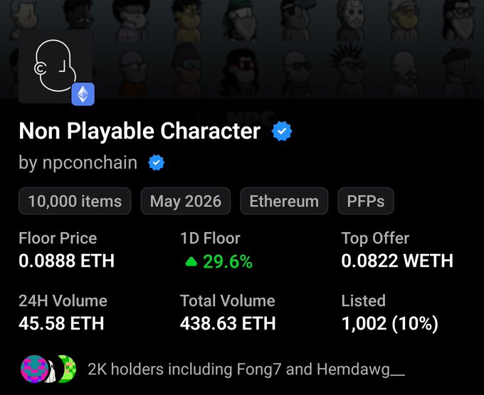 The image shows a post about a community called "Non Playable Character" by a person named "NPconchain". The post is written about an ether price chart that includes information about floor prices, top-off amounts, and market sentiment for a character in the game. The text at the bottom of the post mentions that it is about Fong7 and Hemdawg. There are other people visible in the image as well, although they do not seem to be directly involved with the community or the game.