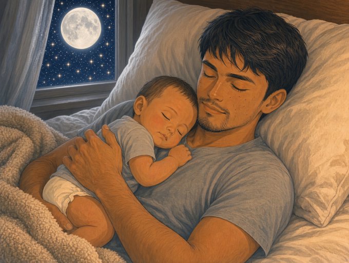 Illustrated scene of a father and baby peacefully sleeping together in bed, with a large full moon and starry night sky visible through the window.