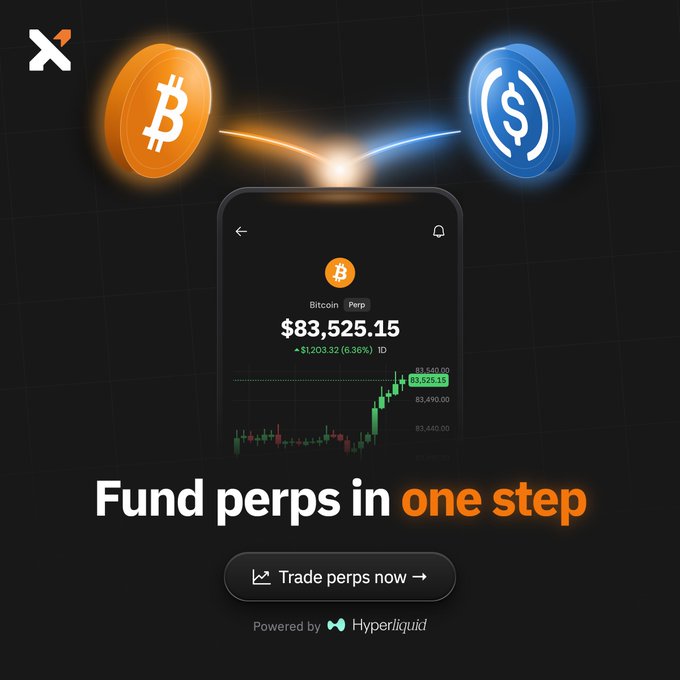 A mobile trading interface displays Bitcoin at $83,525.15 (up 6.36% or +$1,203.32) on the Xverse platform, with promotional text reading "Fund perps in one step" alongside glowing BTC and USDC coin icons and a "Powered by Hyperliquid" tagline. The image visualizes the post's concept by showing how users can deposit either BTC or USDC in a single action to access perpetual futures trading directly from their phone.