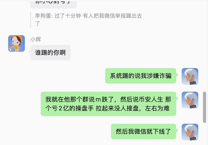 A Chinese WeChat conversation where a user (小辉) asks "谁踢的你啊" (Who kicked you?), and the respondent explains that the system banned them for suspected fraud after they posted in a group that "币安人生" (Binance Life) was a 2-billion market cap scam with no buyers, causing their WeChat to go offline. This relates to the post about M's recent crash and the "Binance Life" token manipulation, where the user was reportedly reported and banned for exposing the pump-and-dump scheme.