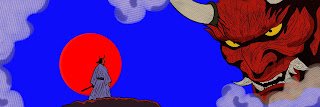 A pixel art scene depicting a samurai warrior on a rocky outcrop silhouetted against a large red sun, with a large red oni/demon mask looming on the right side of the frame.