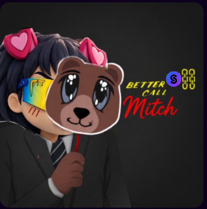 An anime-style illustration features a character with dark hair, pink heart hair clips, and rainbow-colored sunglasses, holding a brown bear cutout. Text beside reads 'BETTER CALL Mitch' with a logo.
