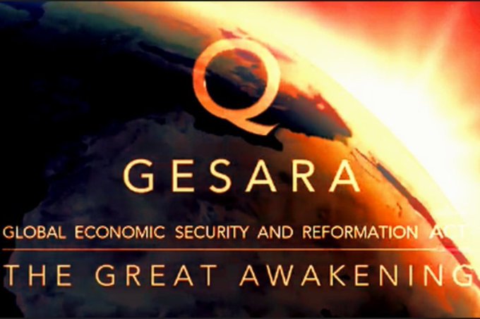 The image features a dramatic view of Earth from space with a sunrise effect, overlaid with the large golden letter "Q" and text reading "GESARA - GLOBAL ECONOMIC SECURITY AND REFORMATION ACT" and "THE GREAT AWAKENING." This visual reinforces the post's message about GESARA's role in ushering in an advanced civilization free from basic survival concerns, symbolizing the dawn of a new era of global prosperity and freedom.