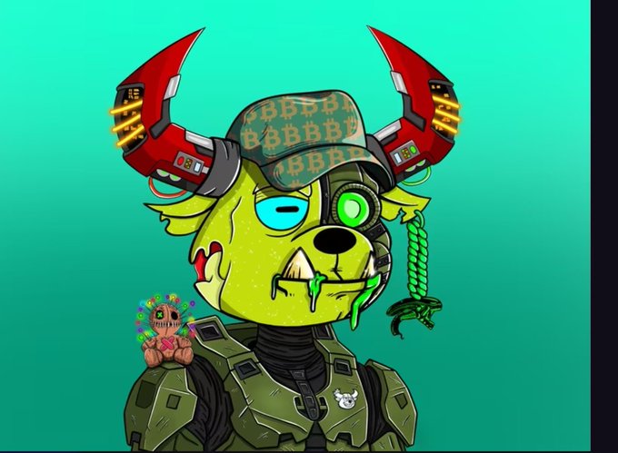 A cartoon-style cyborg bear character with a green military cap, mechanical horns, and glowing green drool wears tactical armor, accompanied by a small voodoo doll figure on its shoulder.