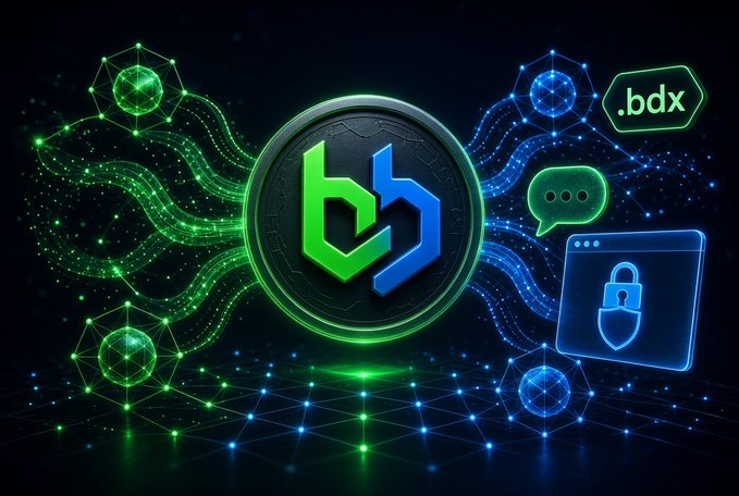 A promotional graphic for the .bdx cryptocurrency featuring a black coin with a green and blue logo, surrounded by digital network elements and security icons.