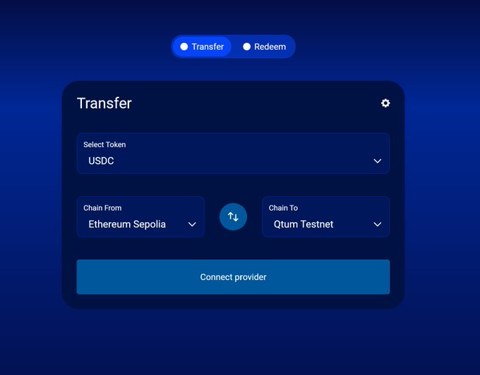 A cryptocurrency transfer interface shows options to transfer or redeem USDC tokens from Ethereum Sepolia to Qtum Testnet with a 'Connect provider' button.