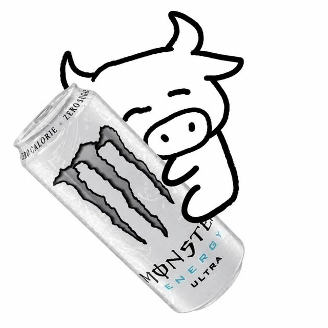 A promotional image featuring a Monster Energy Ultra Zero Sugar can with a cartoon cow illustration on a white background.