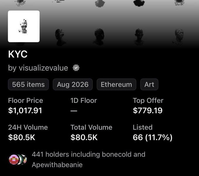 A NFT collection page for "KYC by visualizevalue" showing 565 items with an Aug 2026 mint date on Ethereum, featuring a $1,017.91 floor price, $779.19 top offer, and notable holders including bonecold and Apewithabeanie. The image illustrates the post's sentiment about how remarkable it is that these tokens have appreciated significantly from their original $1 mint price, rather than remaining near that initial valuation.