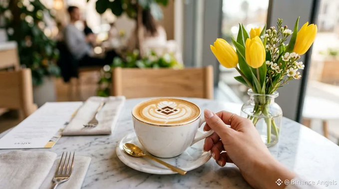 A hand rests beside a beautifully crafted latte featuring the Binance logo in its foam art, set on a marble table with a vase of yellow tulips in the background. The image perfectly ties into the "Your morning #Binance Coffee is served" post, presenting the latte as a stylish daily ritual for crypto enthusiasts starting their day.