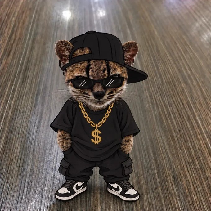 An AI-generated image of a cute cheetah cub dressed in streetwear, wearing a backwards black cap, sunglasses, a black t-shirt, gold chain with dollar sign pendant, black cargo pants, and sneakers.