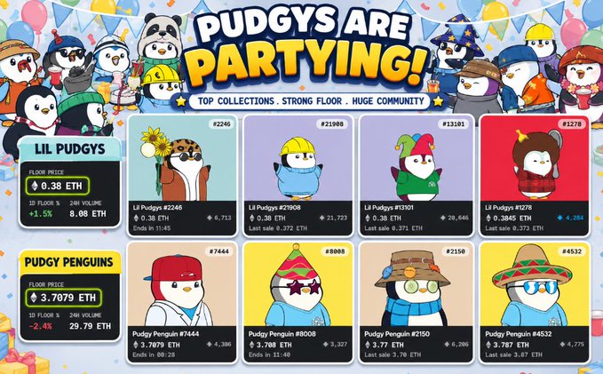 A colorful promotional graphic titled 'PUDGYS ARE PARTYING!' showcasing Pudgy Penguins and Lil Pudgys NFT collections with floor prices of 3.7079 ETH and 0.38 ETH respectively.