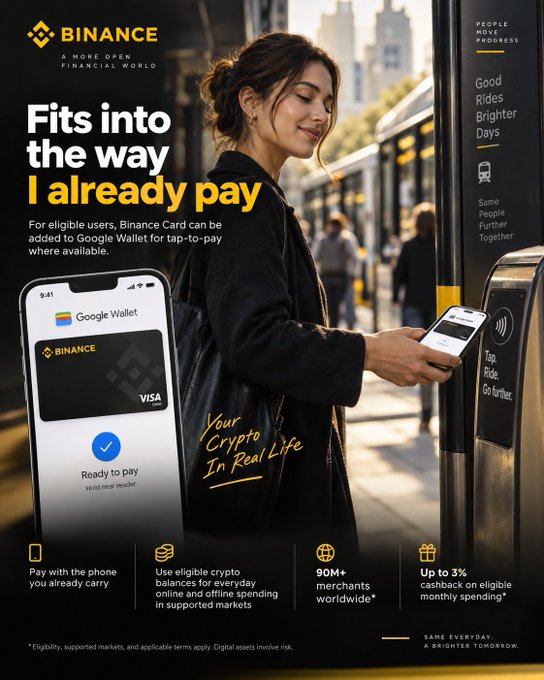 A Binance promotional image shows a woman tapping her phone at a transit turnstile, highlighting that the Binance Card can be added to Google Wallet for tap-to-pay functionality, with features including payment via existing phone, use of crypto balances at 90M+ merchants, and up to 3% cashback on eligible spending—directly illustrating the post's point about the convenience of using crypto-linked payments for everyday, on-the-go transactions like transit rides.